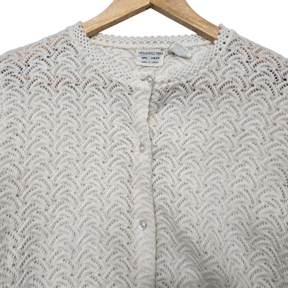 Vtg 60s Japanese Romantic Semi-Sheer Soft Ivory Open Knit Crotchet Cardigan S